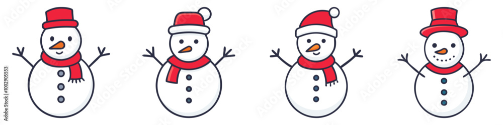 Snowman icons set. Cartoon character snowman. Snowman with hat and scarf. Christmas decor. Vector illustration. Snowman icons set. Cartoon character snowman. Snowman with hat and scarf. Christmas decor. Vector illustration.