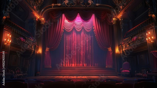 An empty stage with red curtains in a grand theater with balcony seating and ornate details.