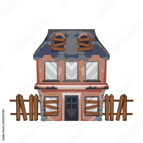 Deserted house is in poor condition, Abandoned houses. Old trouble damaged facade decayed exterior destroyed buildings. An old, ruined house in cracks with broken glasses and broken wooden fence