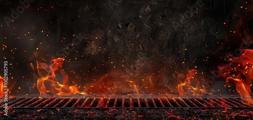 Hot empty portable barbecue BBQ grill with flaming fire and ember charcoal on black background