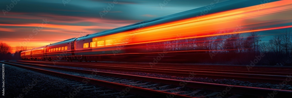 A high-speed train captured in vibrant motion as it speeds along railway tracks at sunset, displaying a stunning light trail and picturesque evening sky