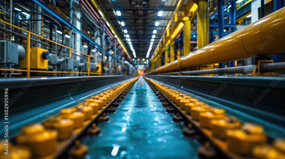 A close-up perspective of a modern automated factory production line showcasing advanced machinery and equipment in a technologically advanced industrial facility A close-up perspective of a modern automated factory production line showcasing advanced machinery and equipment in a technologically advanced industrial facility