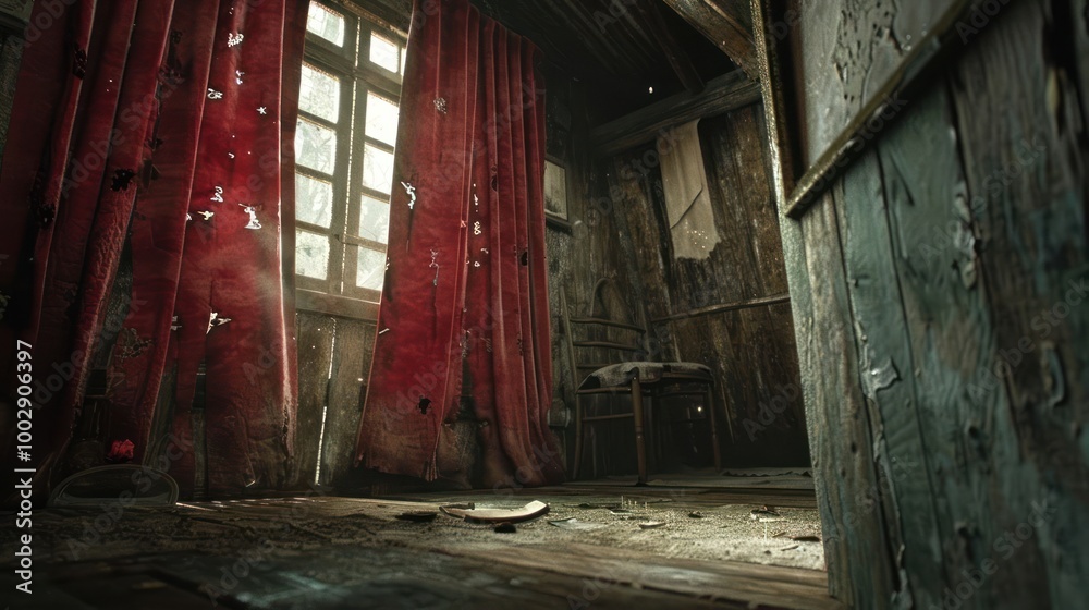 Naklejka premium An abandoned room with red curtains, wooden walls and a broken mirror on the floor.
