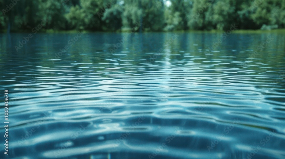 Close-up of calm blue water with ripples and a blurred background of green trees. Close-up of calm blue water with ripples and a blurred background of green trees.