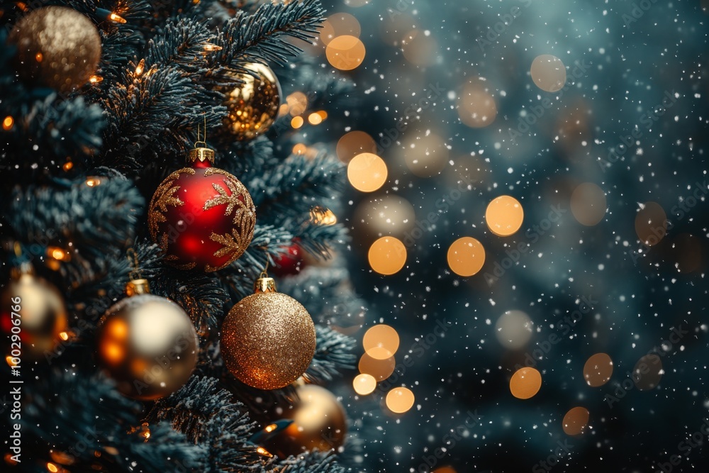 Greeting card. Christmas tree with red and golden baubles and lights bokeh background. Space for text. Copy space. Greeting card. Christmas tree with red and golden baubles and lights bokeh background. Space for text. Copy space.