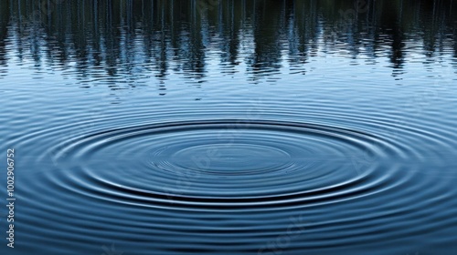 A single ripple in still blue water with the reflection of trees in the background.