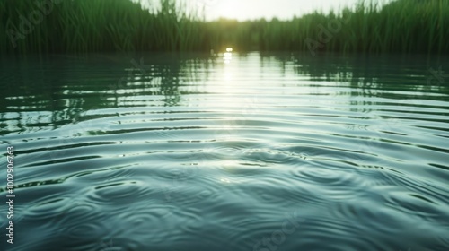 Calm water surface with ripples reflecting sunlight in a serene wetland landscape.