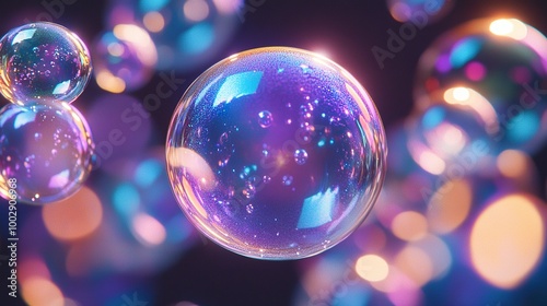 Colorful Soap Bubbles with Iridescent Reflections on a Dark Background