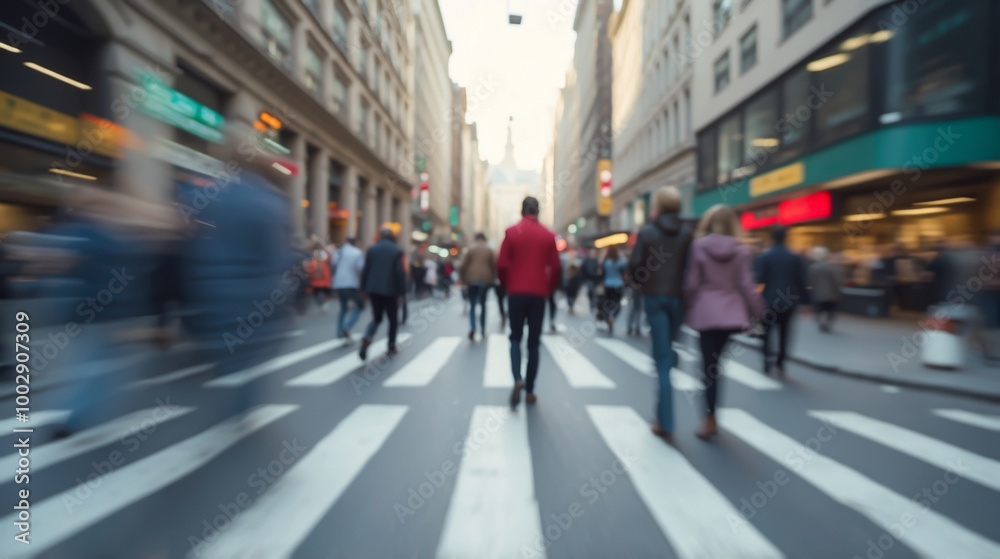 Blurred and grainy image of people crossing a street in an urban environment Blurred and grainy image of people crossing a street in an urban environment