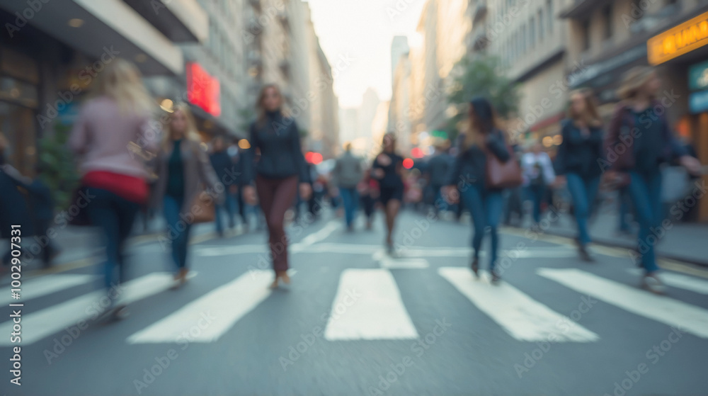 Blurred and grainy image of people crossing a street in an urban environment Blurred and grainy image of people crossing a street in an urban environment
