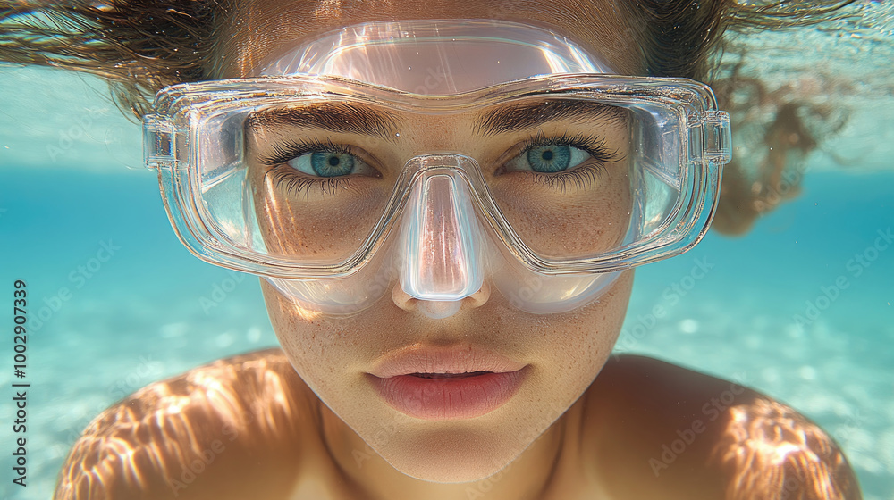 Fototapeta premium A young woman with bright blue eyes, wearing transparent goggles, embraces the beauty of underwater life in a stunning ocean environment