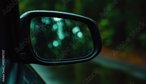 Car side mirror reflection with raindrops in a lush green forest setting.