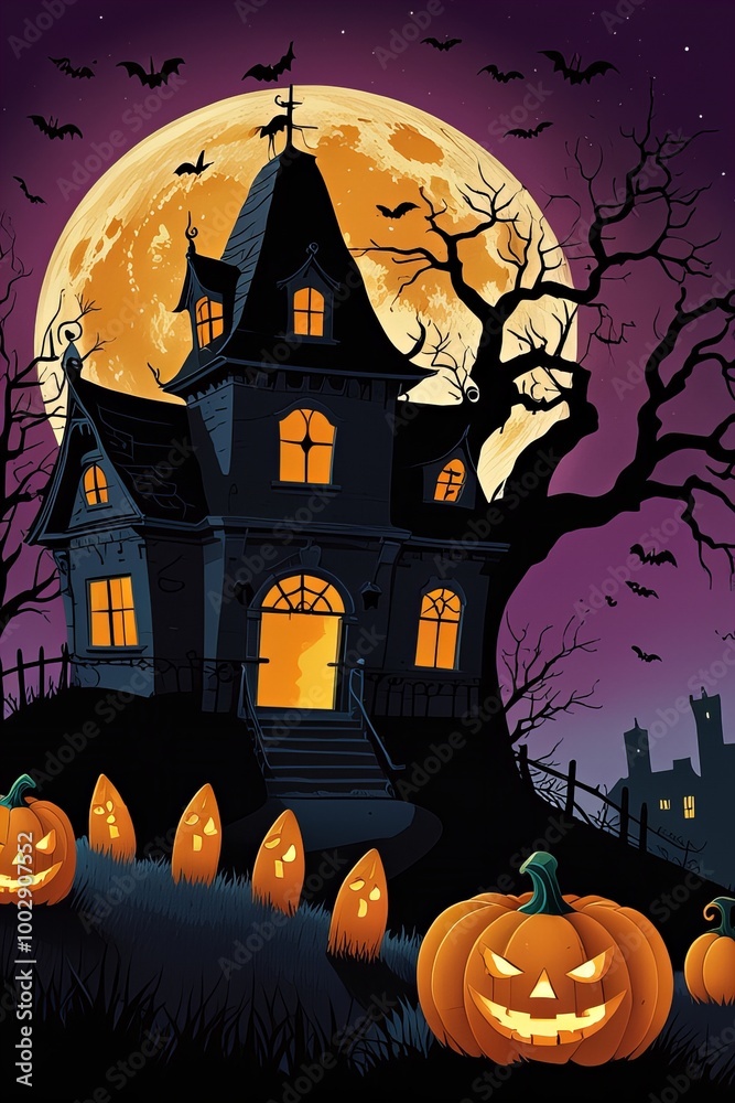 Stylized, cartoon illustration of Halloween. Haunted house with many pointy roofs. Sky from deep purple at the top to vibrant orange near the horizon.