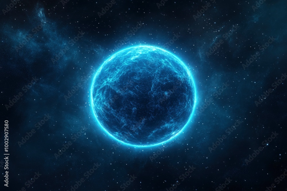 A blue glowing moon floating in space, with a blue nebula background