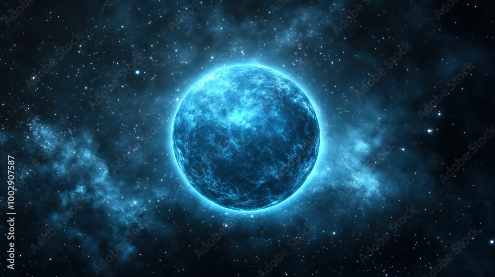 A blue glowing moon floating in space, with a blue nebula background A blue glowing moon floating in space, with a blue nebula background