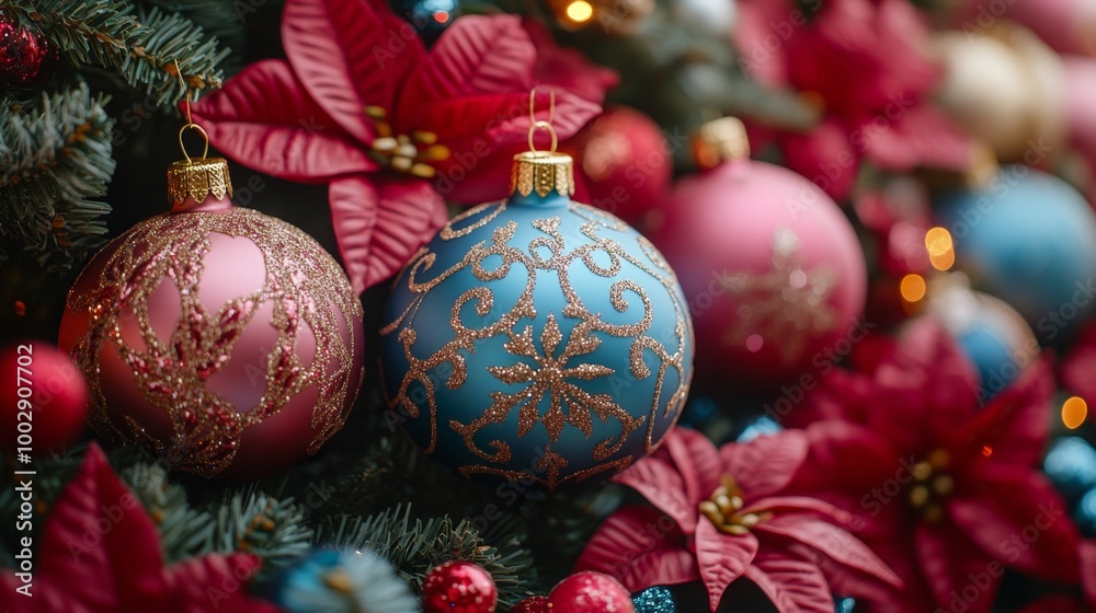 Christmas tree with red and golden baubles and lights bokeh background. Space for text. Copy space. Greeting card. Christmas tree with red and golden baubles and lights bokeh background. Space for text. Copy space. Greeting card.