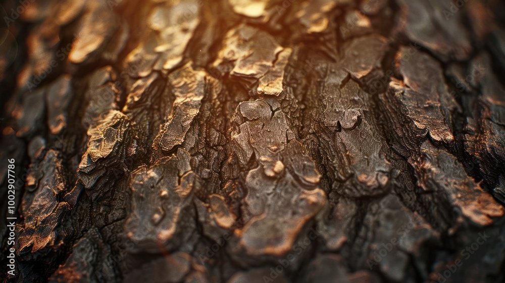 Close-up of textured bark on a tree trunk, illuminated by warm sunlight. Close-up of textured bark on a tree trunk, illuminated by warm sunlight.