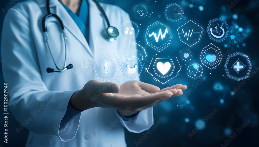 Doctor Presenting Digital Health Icons with Medical Technology Interface Doctor Presenting Digital Health Icons with Medical Technology Interface