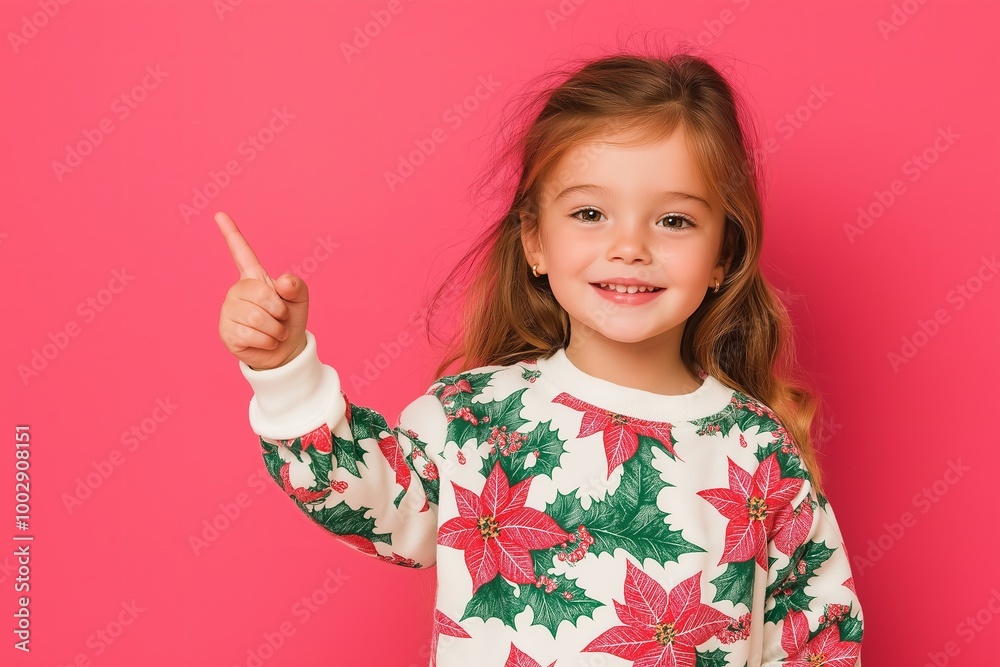 smiling little girl wearing sweatshirt with poinsettia floral print clothes with pointing up gesture and copy space, red background smiling little girl wearing sweatshirt with poinsettia floral print clothes with pointing up gesture and copy space, red background