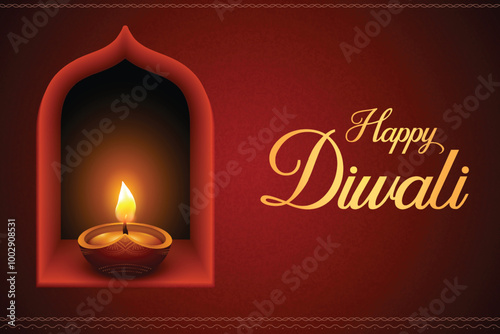 Realistic Illuminated Oil Lamp Sitting On Window Wall On Red Background. Diwali Festival Of Lights Celebration Background Concept Vector Illustration. 