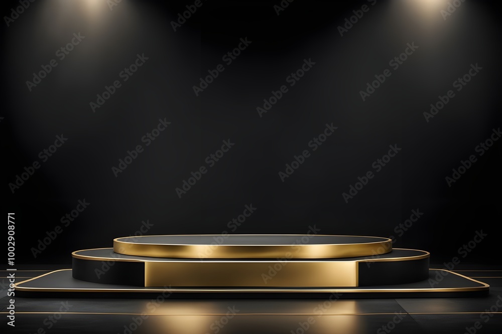 Realistic 3D golden cylinder pedestal podium with semi circle scene luxury background. Black friday sale concept, Vector abstract minimal scene for mockup products stage showcase, Promotion display. Realistic 3D golden cylinder pedestal podium with semi circle scene luxury background. Black friday sale concept, Vector abstract minimal scene for mockup products stage showcase, Promotion display.