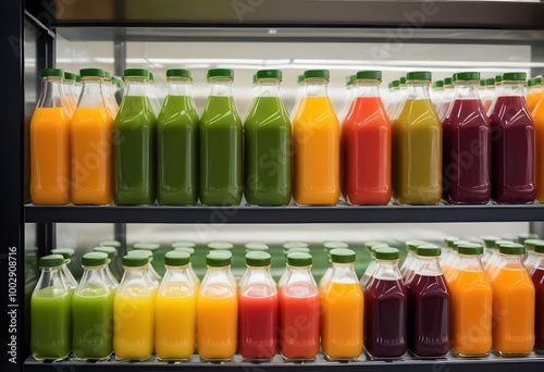 Rows of colorful fresh fruit and vegetable juices in glass bottles on store shelves