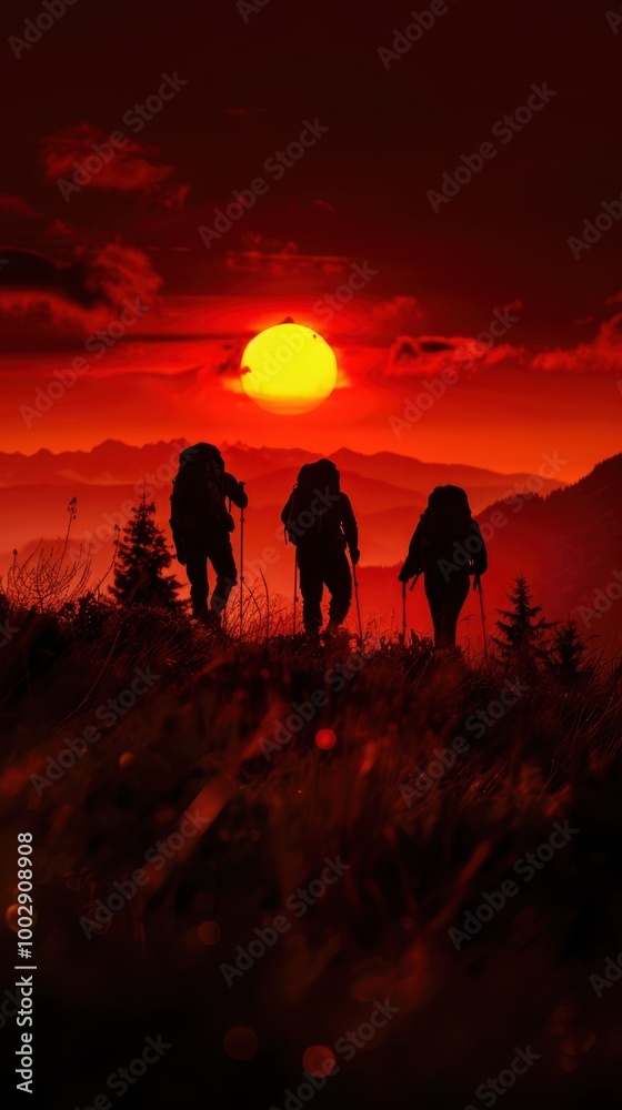 Fototapeta premium Hikers silhouetted against a vibrant sunset in a mountainous landscape.