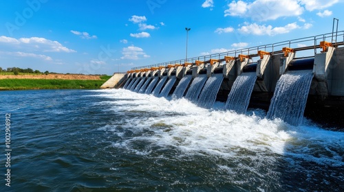 Hydraulic dam releasing water into river under a clear blue sky.