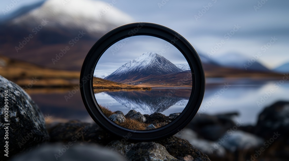 Fototapeta premium Close-up camera lens showing a clear reflection of a mountain and lake, surrounded by rocks, capturing the essence of nature through the eye of the photographer