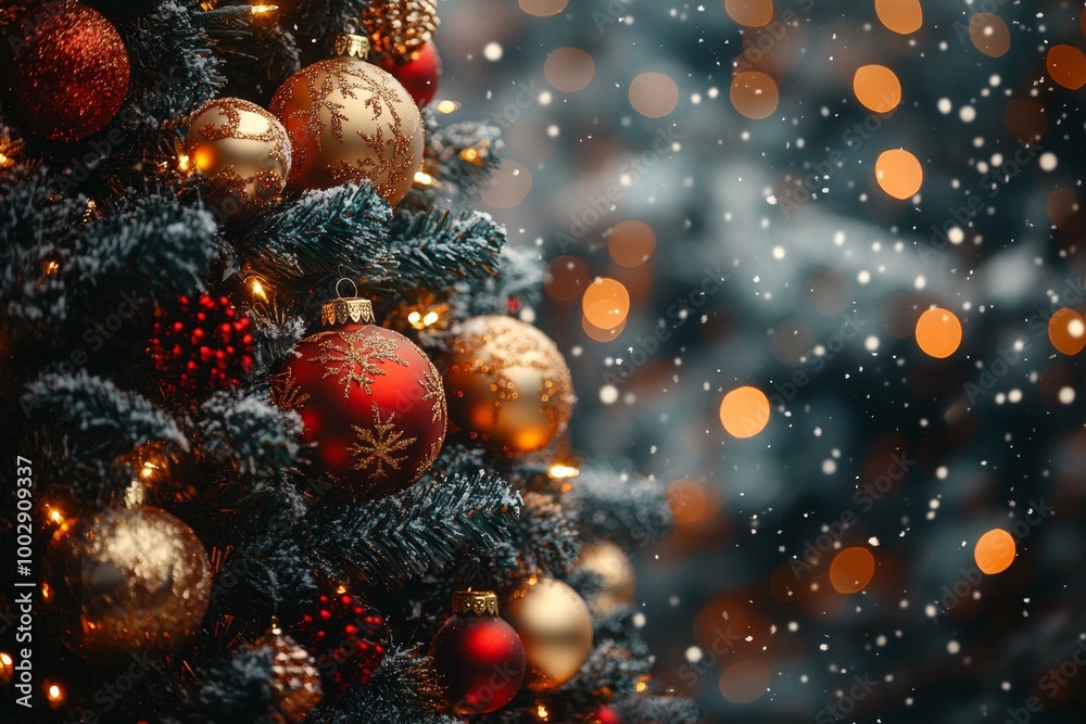 Christmas tree with red and golden baubles and lights bokeh background. Space for text. Copy space. Greeting card.