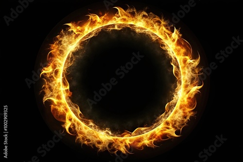 Abstract background of golden glowing fire circle reflected on black surface