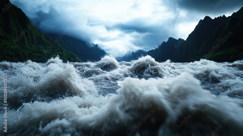 Obraz premium Raging river waves against a dramatic mountain backdrop under a stormy sky.