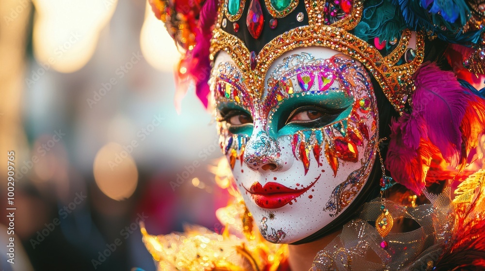 Vibrant Carnival Mask with Feathered Headdress in Festive Vibrant Carnival Mask with Feathered Headdress in Festive