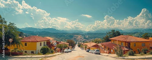 Beautiful scenic view of a tranquil town with colorful houses and mountains under a clear blue sky with fluffy white clouds on a sunny day