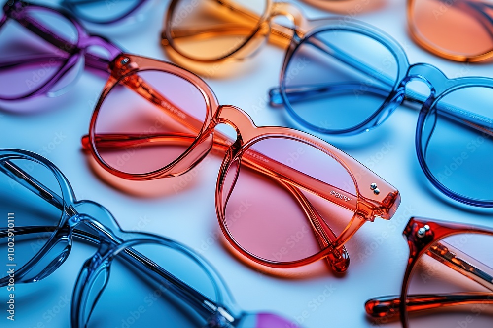 A row of colorful glasses are displayed on a white background A row of colorful glasses are displayed on a white background