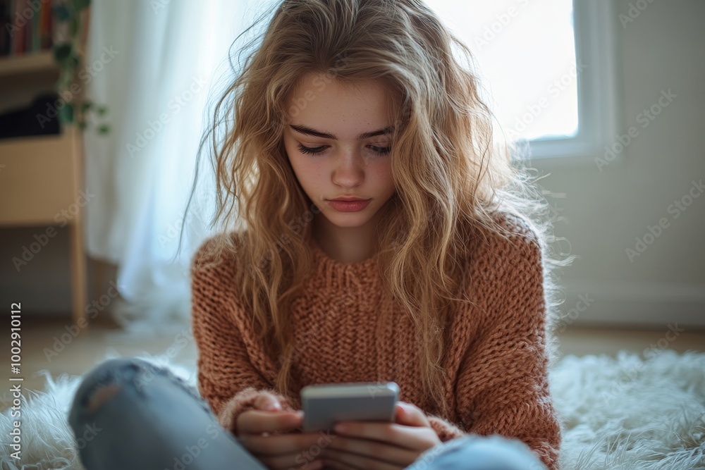 Teenage girl sitting on the floor and scrolling her smartphone, Generative AI Teenage girl sitting on the floor and scrolling her smartphone, Generative AI