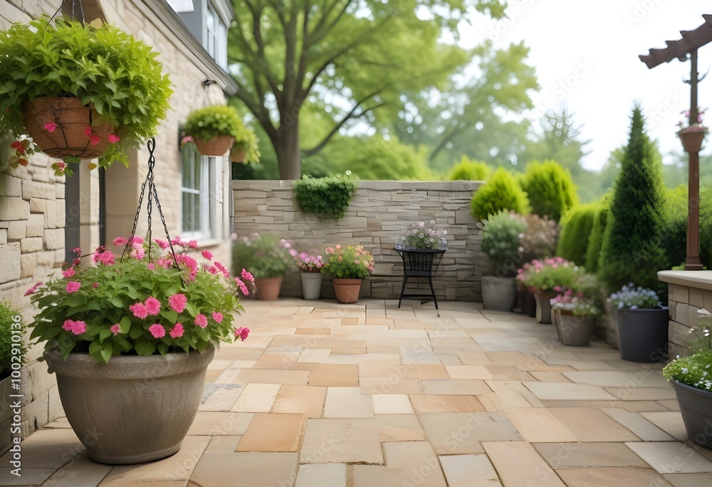 A stone patio with hanging baskets , overlooking a lush green garden with trees and shrubs in the background