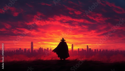 Silhouette of a person in a cloak against a vibrant sunset skyline.