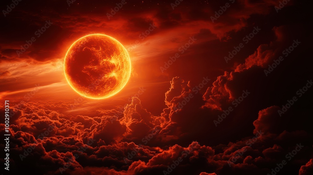 Stunning celestial scene with a vibrant red sun amidst dramatic clouds. Stunning celestial scene with a vibrant red sun amidst dramatic clouds.