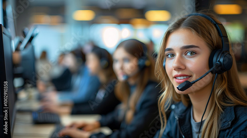 Cheerful female call center agent ready to assist, showcasing technology and teamwork in a modern office environment.