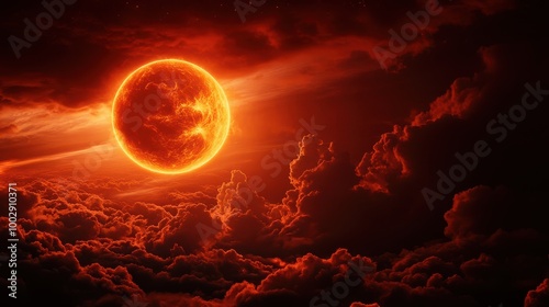 Stunning celestial scene with a vibrant red sun amidst dramatic clouds.