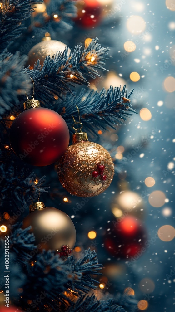Christmas tree with red and golden baubles and lights bokeh background. Space for text. Copy space. Greeting card. Christmas tree with red and golden baubles and lights bokeh background. Space for text. Copy space. Greeting card.
