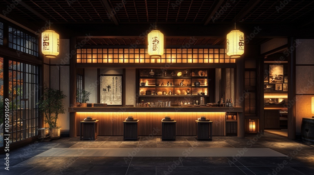 Serene Atmosphere of a Traditional Japanese Restaurant with Shoji Doors and Lantern-lit Ambiance Serene Atmosphere of a Traditional Japanese Restaurant with Shoji Doors and Lantern-lit Ambiance