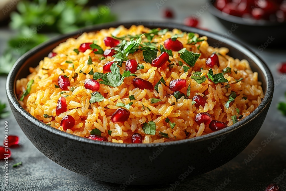 A bowl of rice with red pepper and parsley