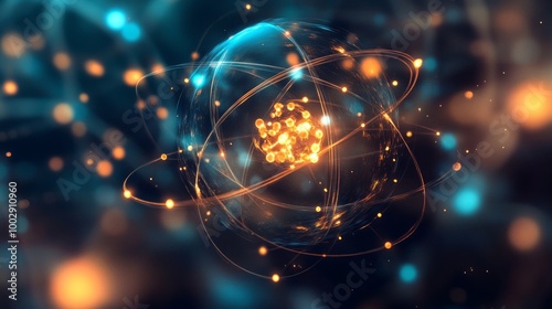 Visualization of atomic structure with electrons orbiting a nucleus, representing fundamental concepts in quantum mechanics 