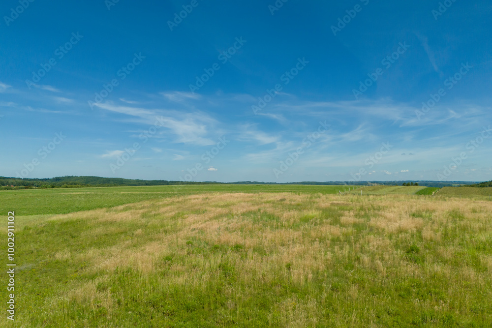 A serene landscape featuring a vast green field under a clear blue sky with wispy clouds. This tranquil scenery is perfect for nature lovers and outdoor enthusiasts. A serene landscape featuring a vast green field under a clear blue sky with wispy clouds. This tranquil scenery is perfect for nature lovers and outdoor enthusiasts.