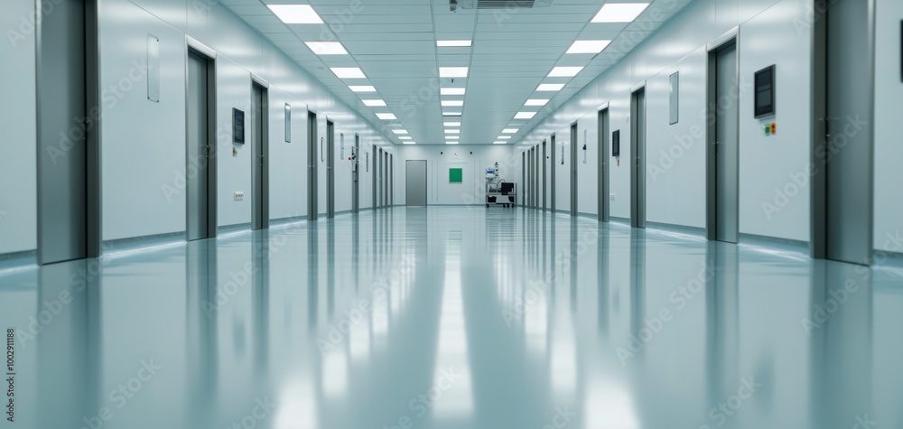 Modern cleanroom with sleek, robotic machinery, showcasing the futuristic and sterile environment required for advanced tech manufacturing Modern cleanroom with sleek, robotic machinery, showcasing the futuristic and sterile environment required for advanced tech manufacturing