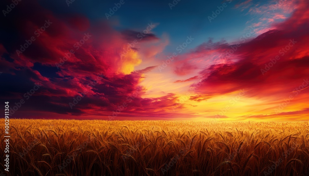 Obraz premium Vibrant sunset over golden wheat field with dramatic clouds.