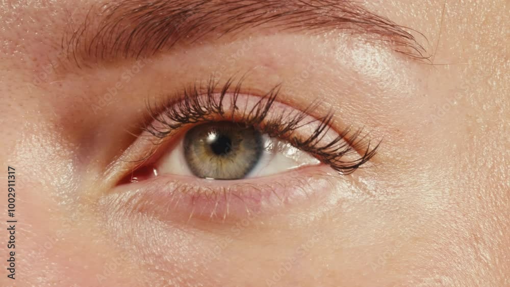 Close-up womans blinking eye with long eyelash and contact lens. Beauty make up of green eye with neon light. Close-up womans blinking eye with long eyelash and contact lens. Beauty make up of green eye with neon light.