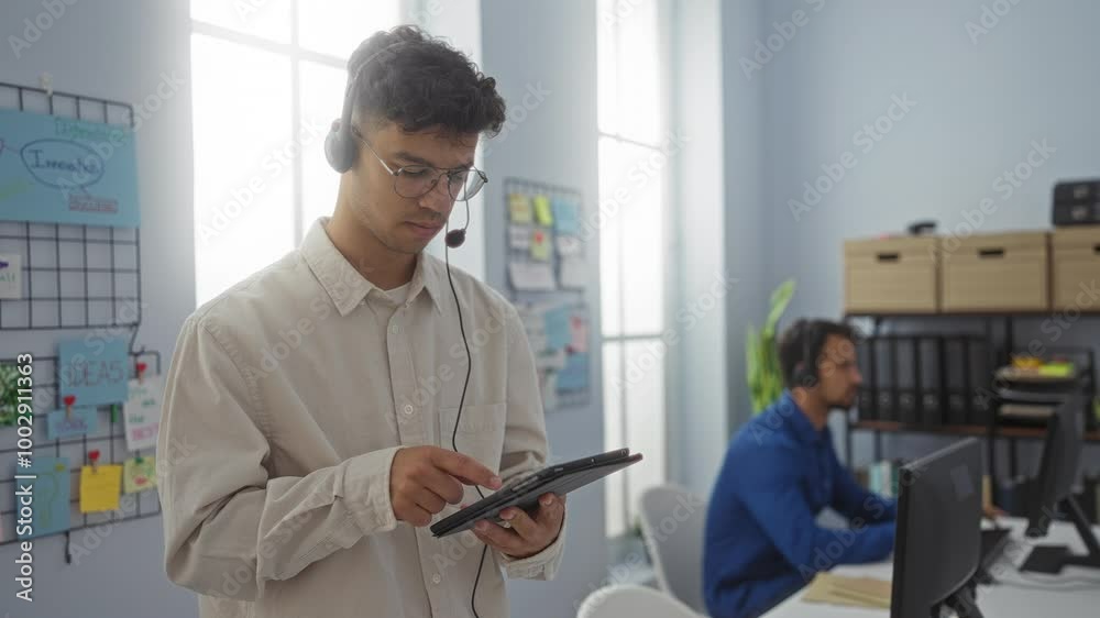Hispanic men working in an office using tablet and computers with headsets demonstrating teamwork and dedication in a professional indoor workplace environment Hispanic men working in an office using tablet and computers with headsets demonstrating teamwork and dedication in a professional indoor workplace environment